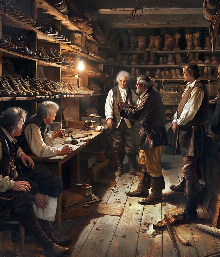 shoemakers in a dimly lit workshop, huddled together