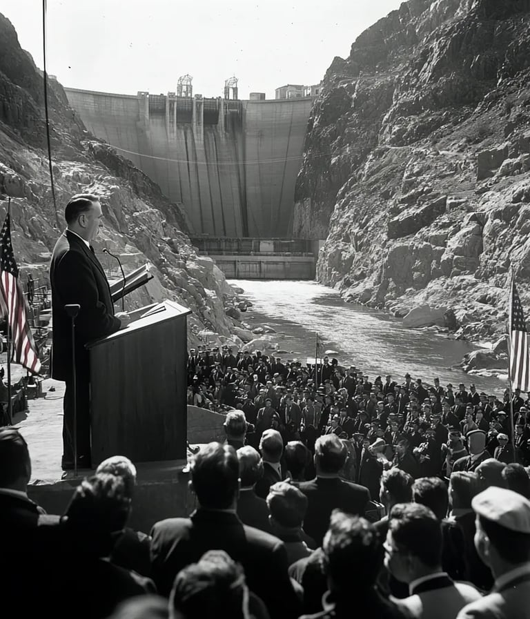grand ceremony at the base of the massive Boulder Dam. President Franklin D. Roosevelt stands at a p