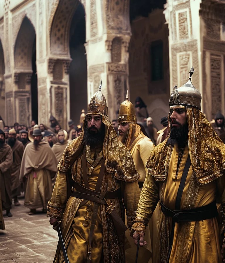 royal procession in the grand palace courtyard, where Sultan Qutuz, dressed in golden armor