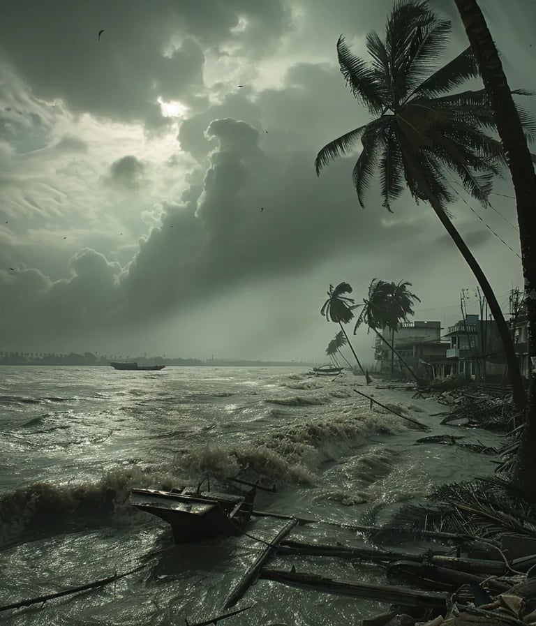 Calcutta as the cyclone approaches, with towering waves and dark storm clouds
