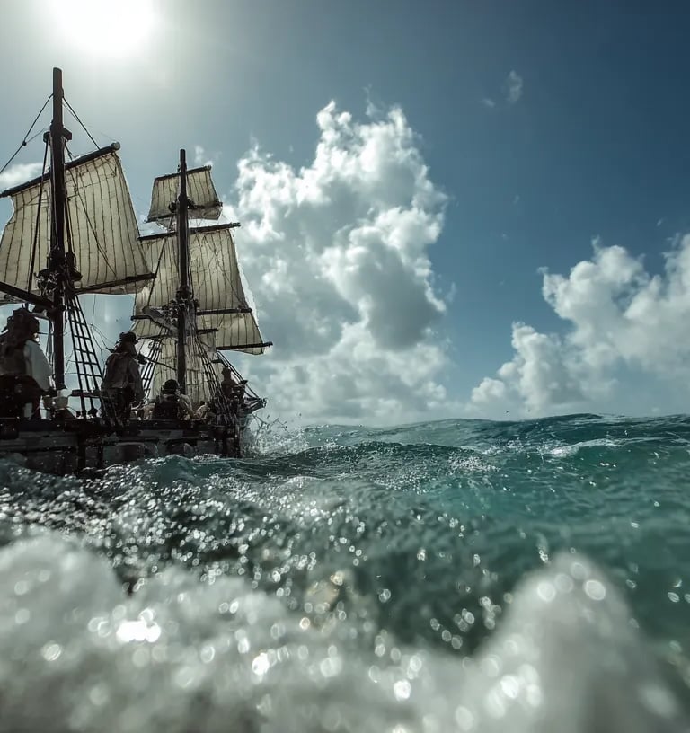 Blackbeard’s flagship sloop closes on a three-masted French merchant slave ship