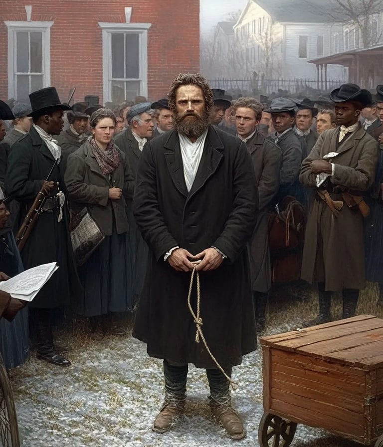 John Brown wears a plain black coat, linen shirt, and worn boots; wrists bound before him with rope