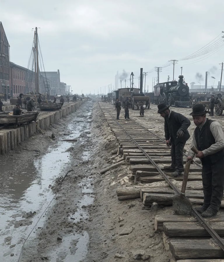 Chicago’s North Bank: engineers in frock coats and bowler hats inspect chalked survey lines