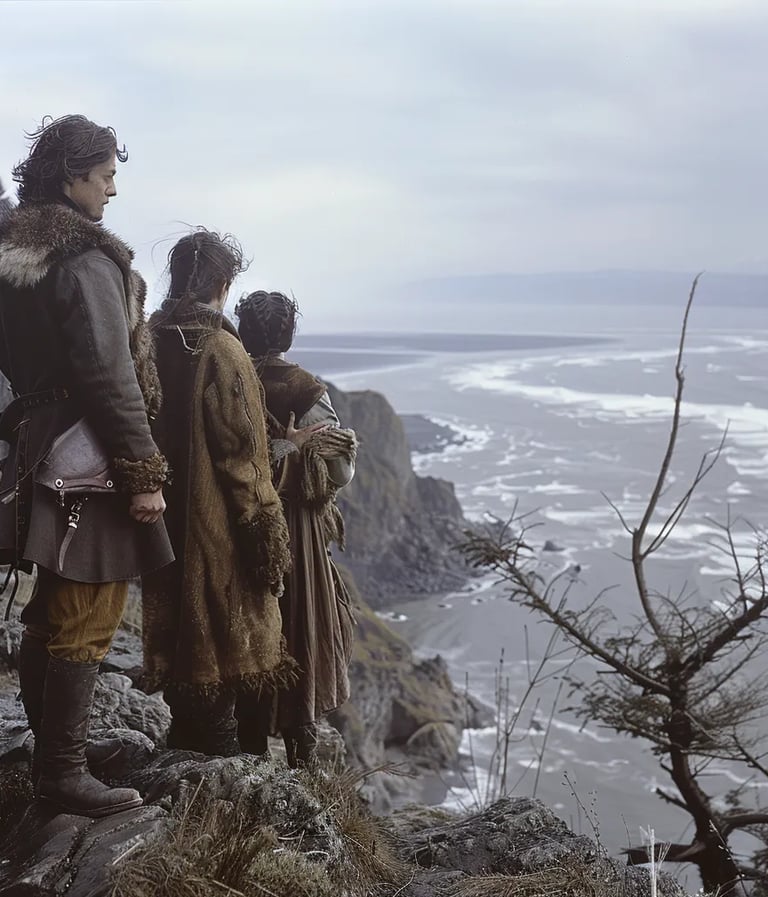 Columbia River, Pacific Coast, 1805 – Wide-angle shot of Lewis and Clark standing on a rocky bluff