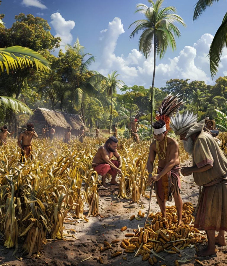 indigenous Taino farmers tending to rows of golden maize under the tropical sun
