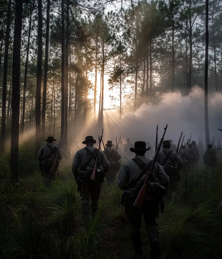 Dense pine forests of Georgia at dawn, 1817, U.S. soldiers in early 19th-century military uniforms