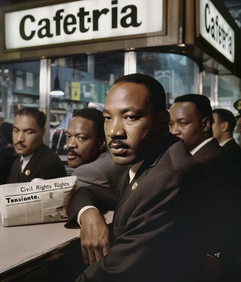 a segregated lunch counter where Black protesters, including Martin Luther King Jr