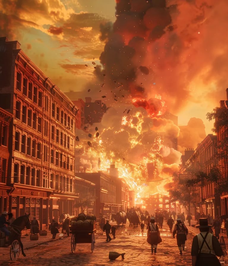 Downtown Boston, 1872 – Wide-angle shot of flames consuming brick buildings