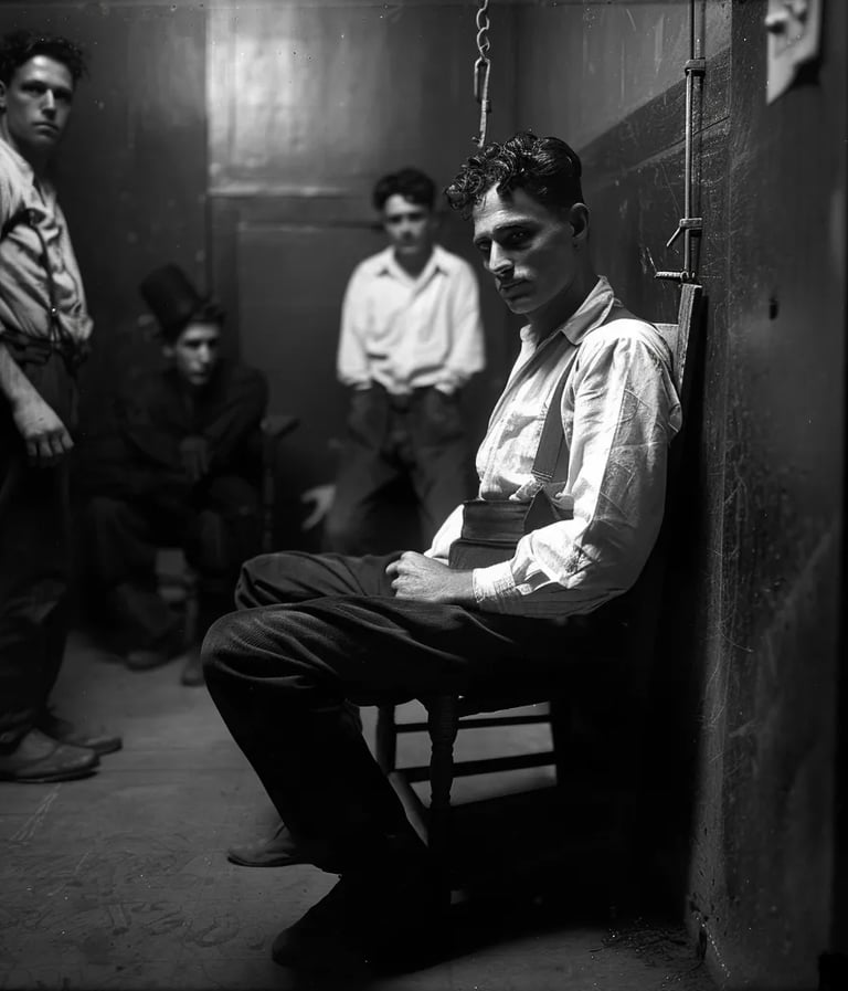 Harry Houdini reclining on a wooden chair in a dimly lit backstage dressing room