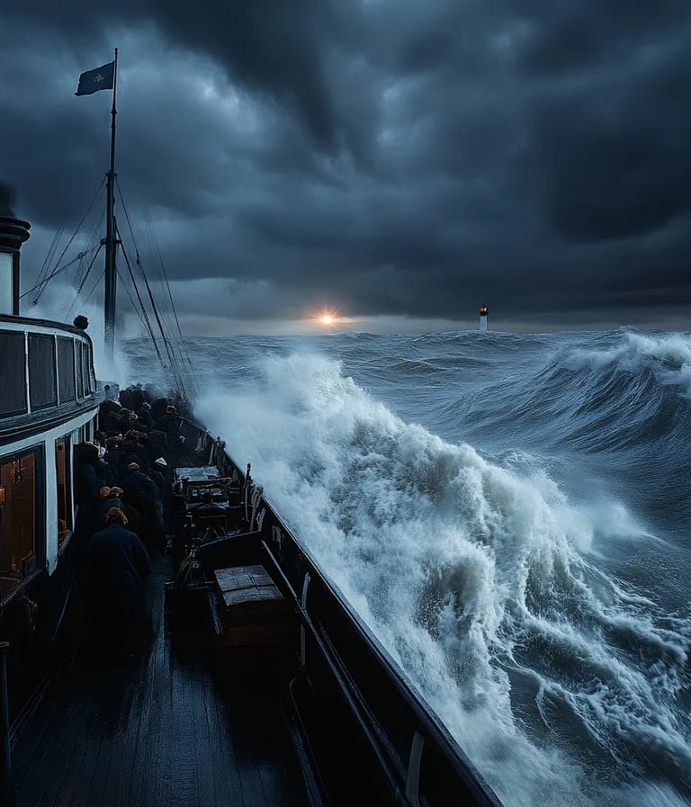Dusk falling over the turbulent English Channel, 1905, passenger steamer Hilda pushing through