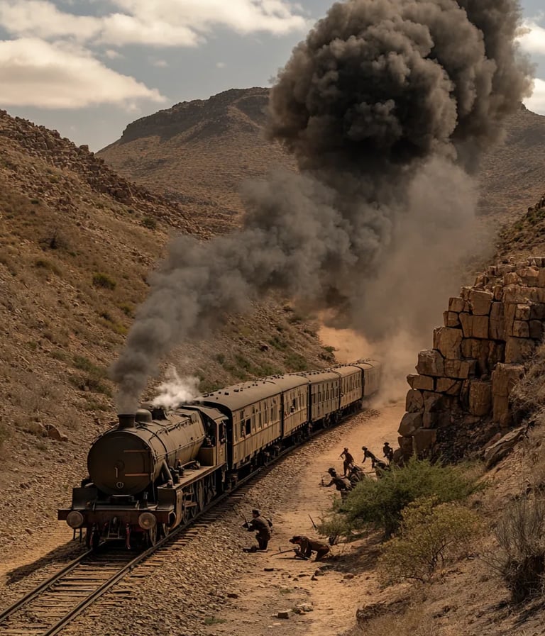 dusty railway in Natal province, armored British train winding through sun-scorched hills