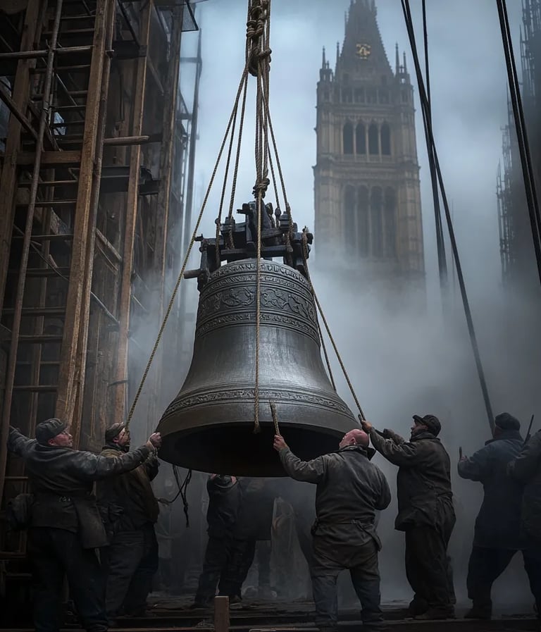 early morning, 1856, massive bronze bell suspended by thick ropes over a scaffold