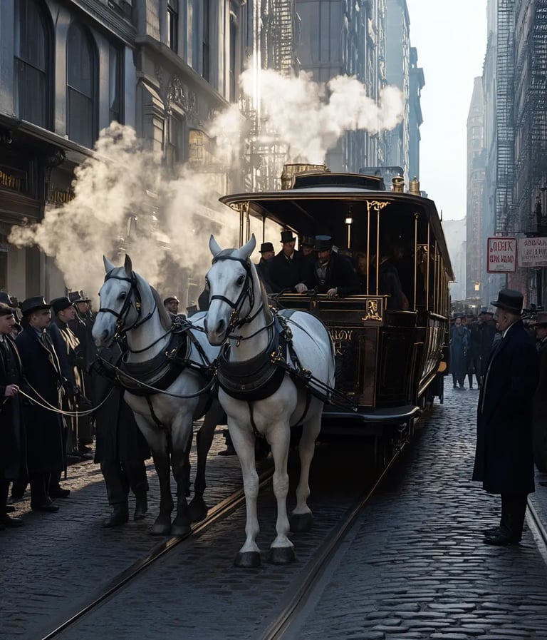 early morning 4th Avenue, New York City, crowds gathering excitedly around a gleaming new streetcar