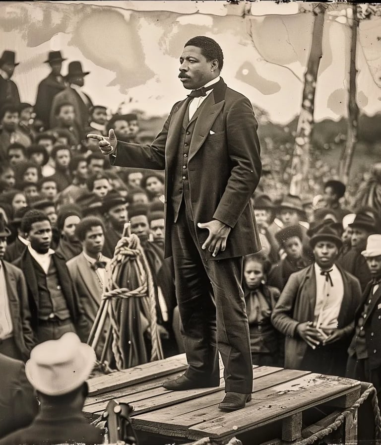 John Menard standing on a wooden platform, addressing a crowd of African American voters