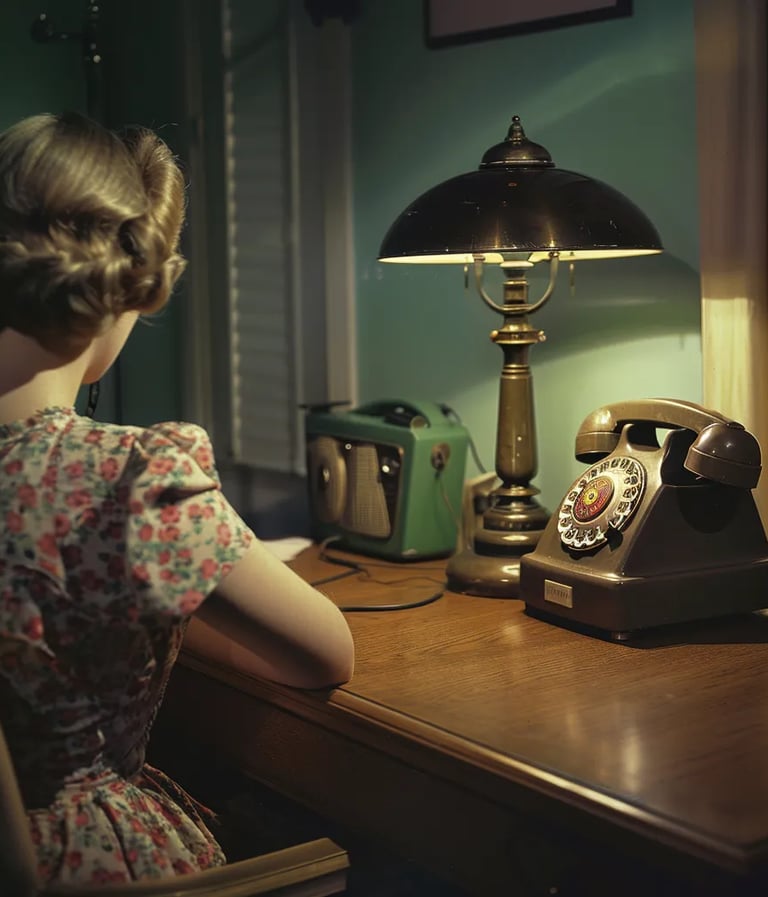 Englewood, New Jersey, 1951 – Wide-angle shot of a sleek rotary telephone sitting on a wooden desk