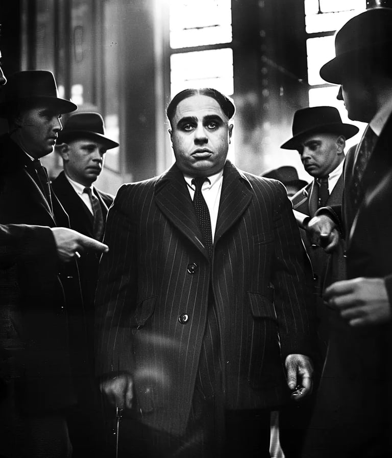  Al Capone walking toward the courthouse, surrounded by federal agents