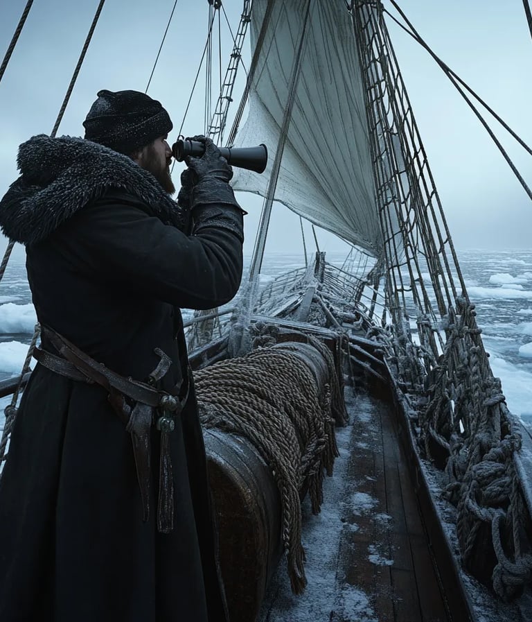 Frozen seascape south of Cape Horn, 1820, Captain Nathaniel B. Palmer gazing
