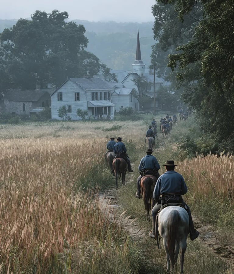 Gettysburg: Union cavalry in sky-blue frock coats and kepis cautiously ride past golden wheat fields