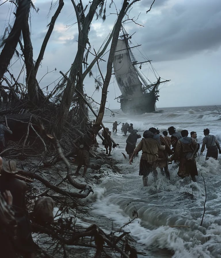 Spanish ship half-submerged in the stormy surf