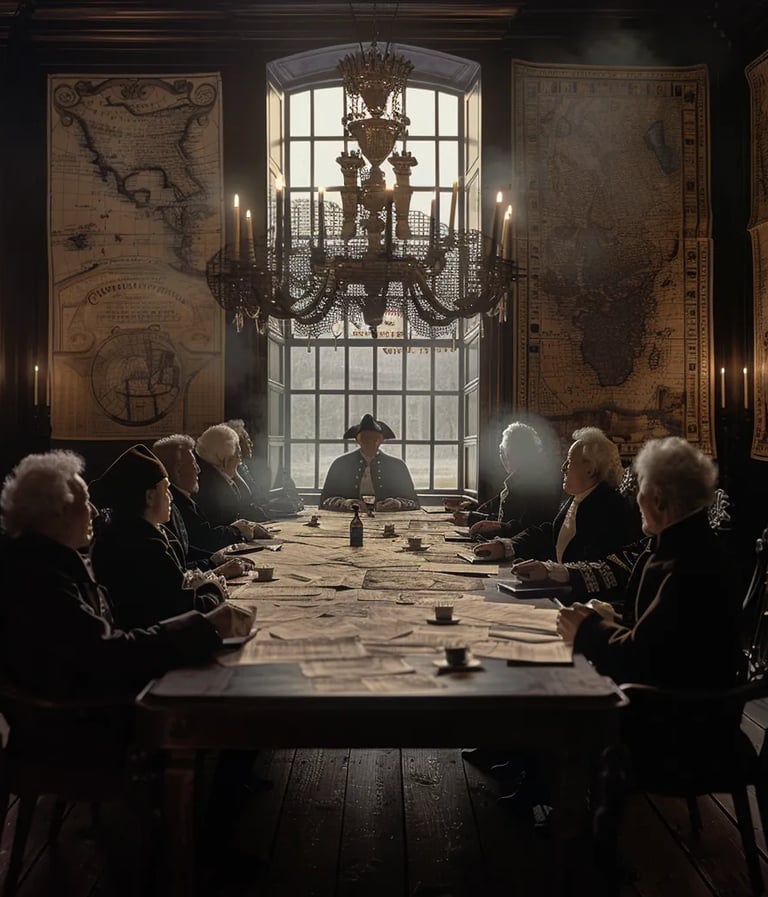 a candlelit negotiation hall, where English and Dutch diplomats sit at a grand wooden table