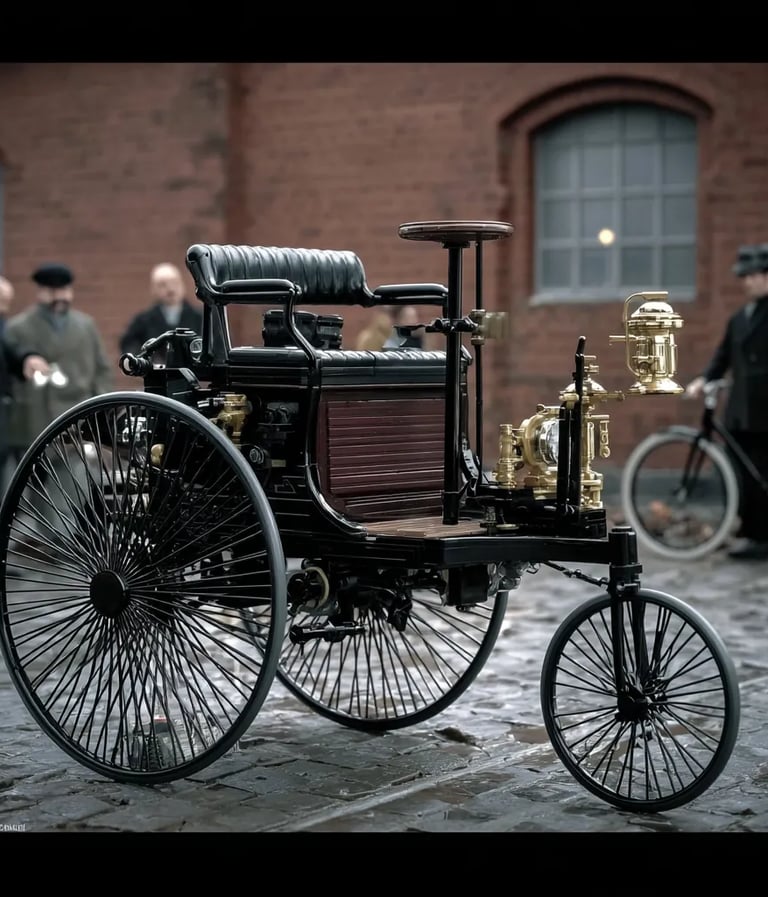 three-wheeled Patent-Motorwagen parked before a red-brick workshop