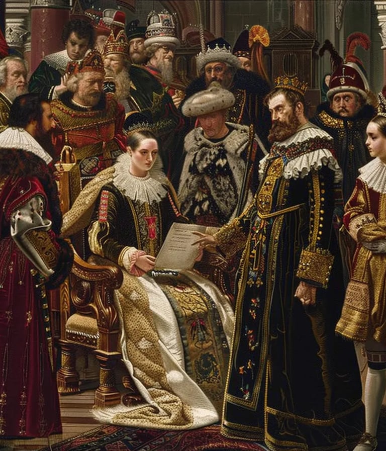 Queen Isabella seated on an ornate throne, dressed in regal robes
