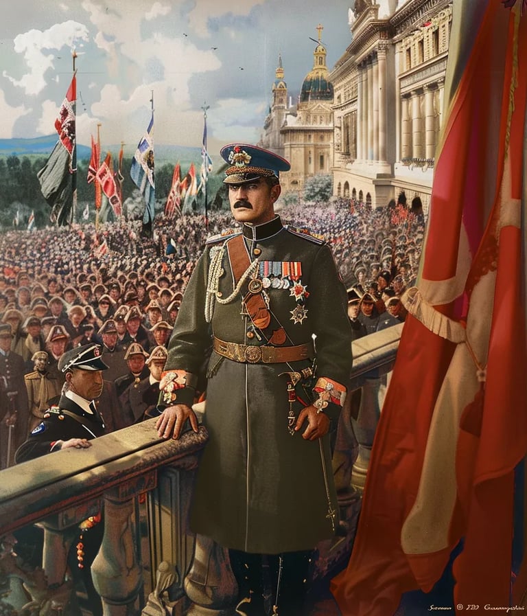 King Alexander I addressing a large crowd from a grand balcony after proclaiming the Kingdom of Yugo