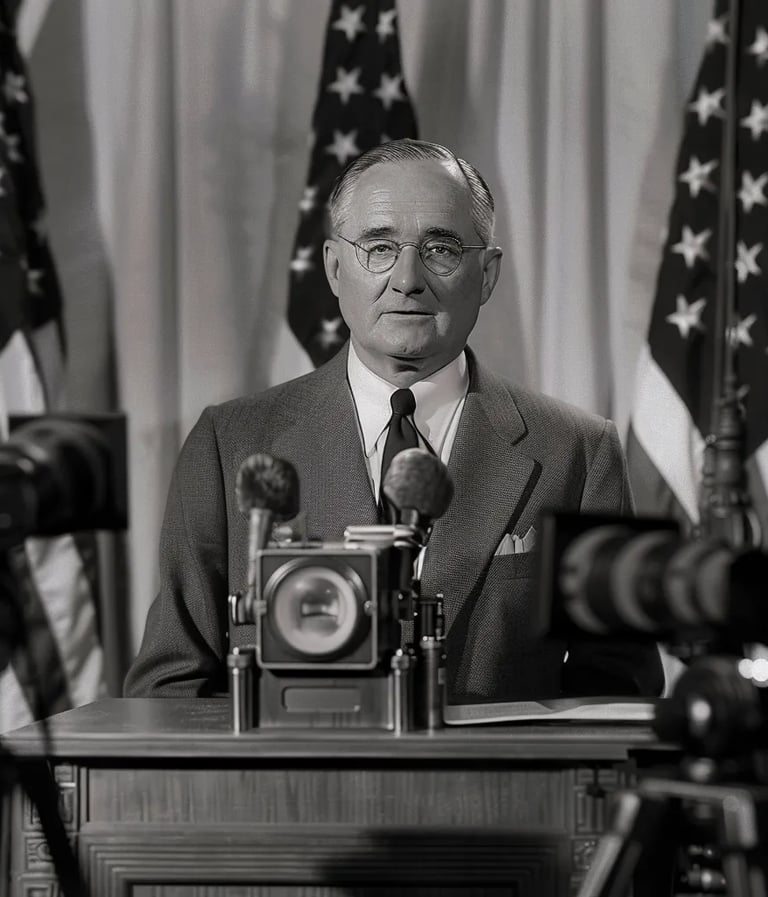 President Harry Truman delivering the first televised presidential address from the White House
