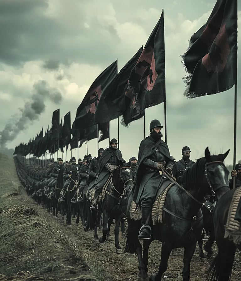 f Blackshirt fascists marching toward Rome, their black uniforms stark against the autumn sky
