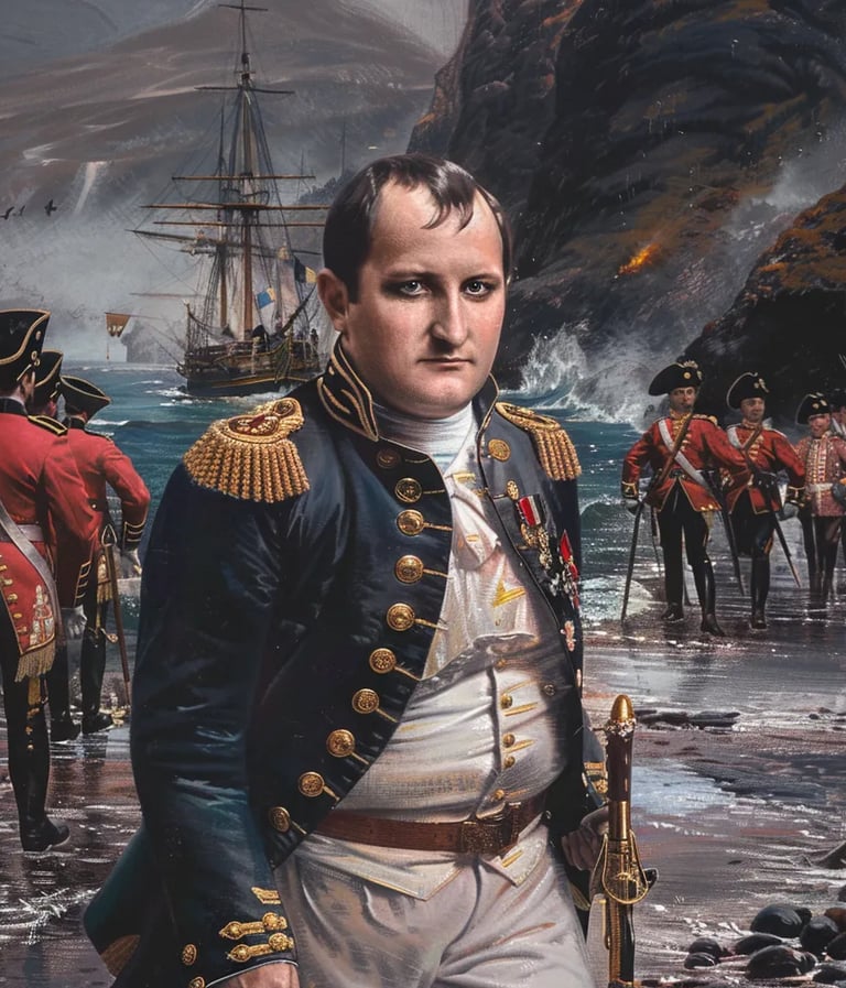 Napoleon Bonaparte disembarking from a wooden British warship