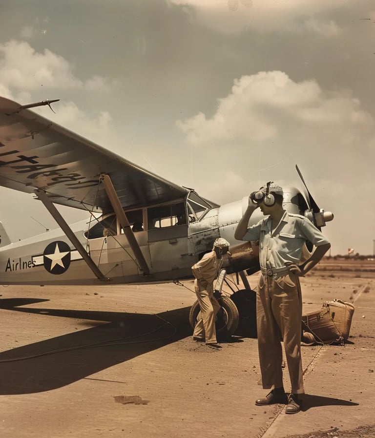 J.R.D. Tata standing beside a small, silver De Havilland Puss Moth aircraft