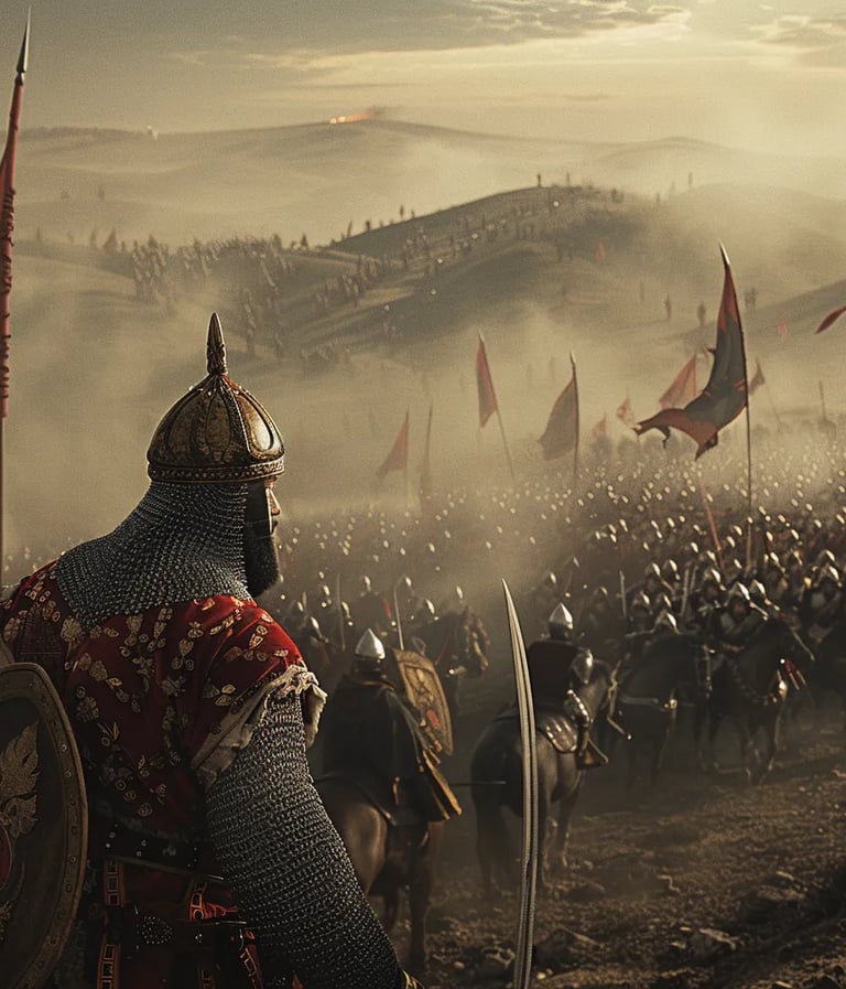 Ottoman and Hungarian forces clashing in the fog-covered valley