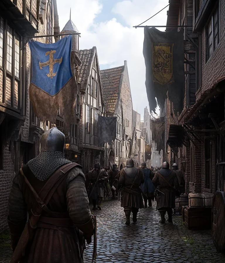 Medieval Utrecht street scene with rival factions preparing for conflict