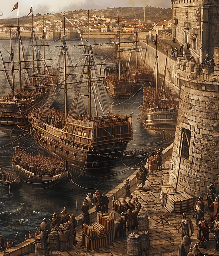 Spanish armada preparing for departure, its ships towering over the docks