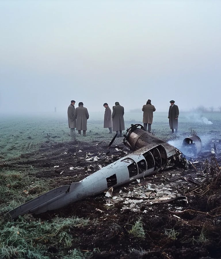  the wreckage of Enrico Mattei’s plane scattered across a foggy field.