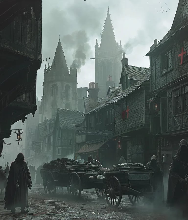 London, 1348 – Wide-angle shot of a fog-covered medieval street