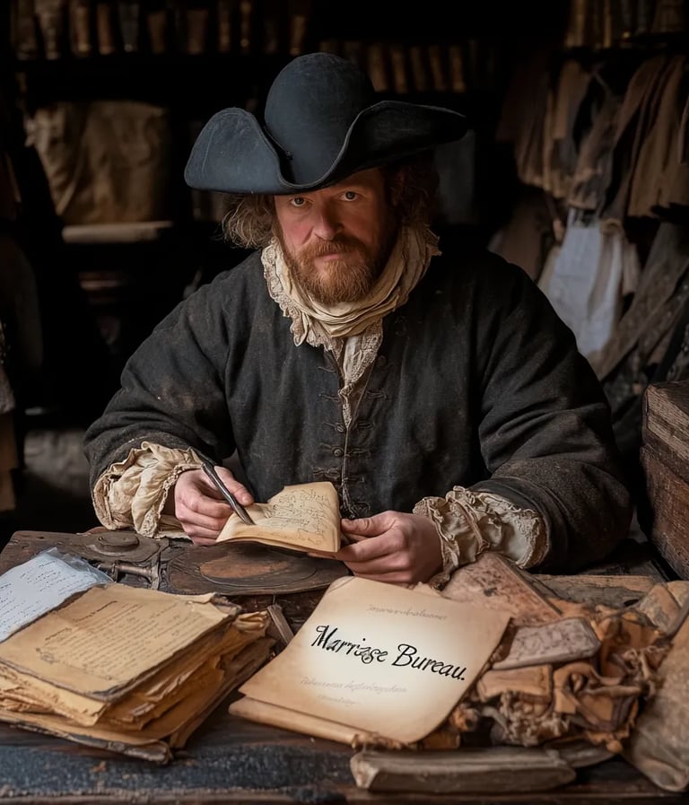 "Marriage Bureau." Inside, Henry Robinson, dressed in modest 17th-century attire, sits at a wooden d