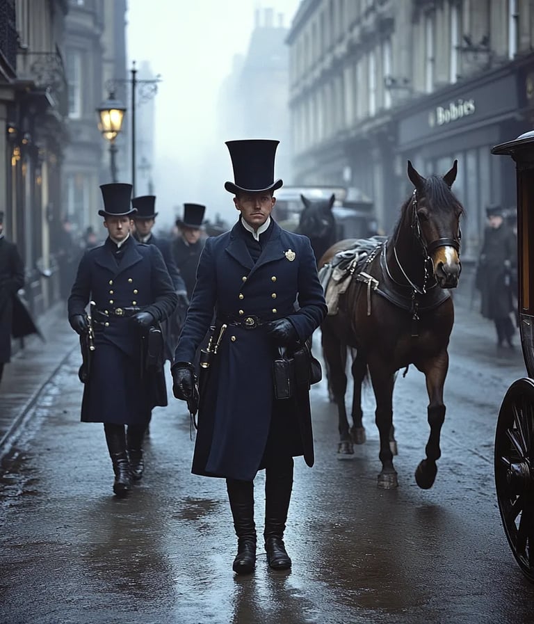 The First Policemen on Patrol on the bustling streets of London in 1829