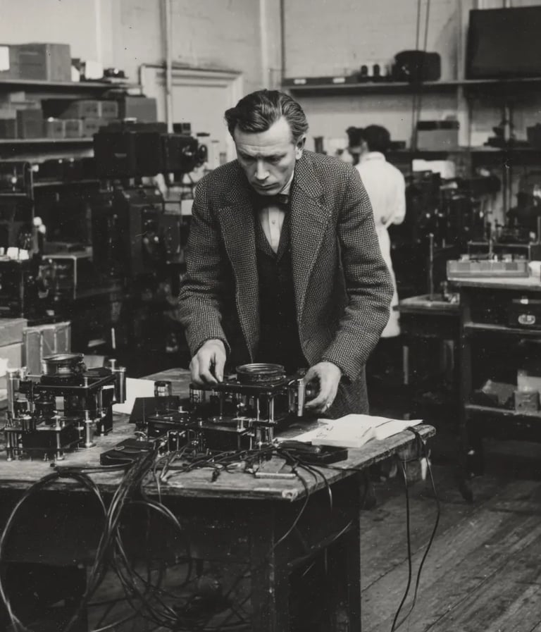 John Logie Baird in a tweed suit and bow tie adjusts a rotating Nipkow disc assembly