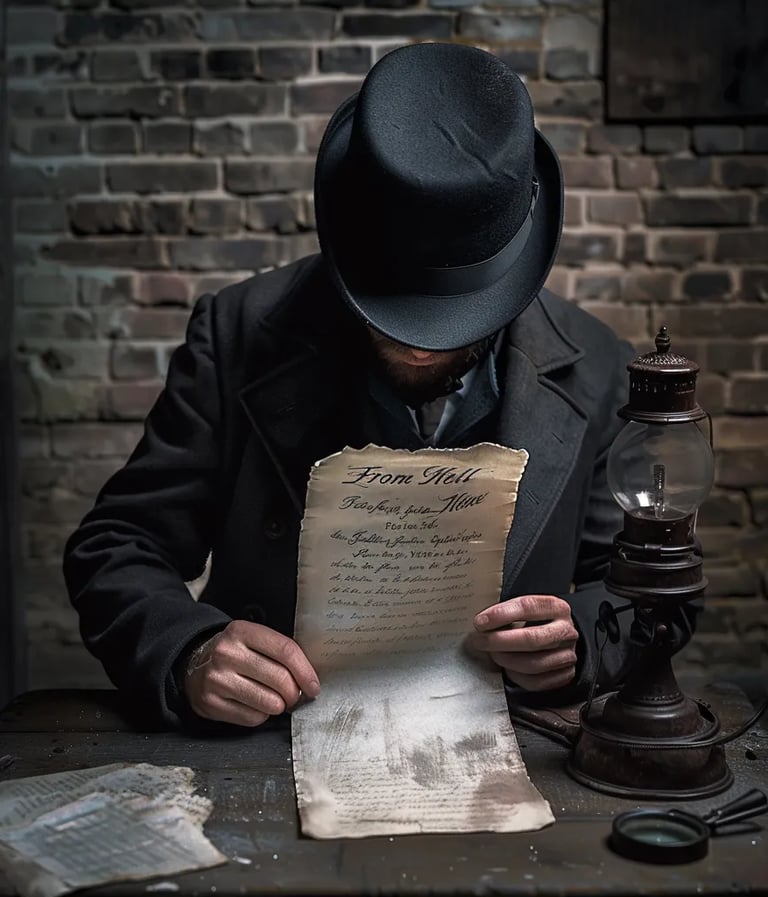 Victorian-era detective in a dark overcoat and bowler hat, unfolding the ominous "From Hell" letter