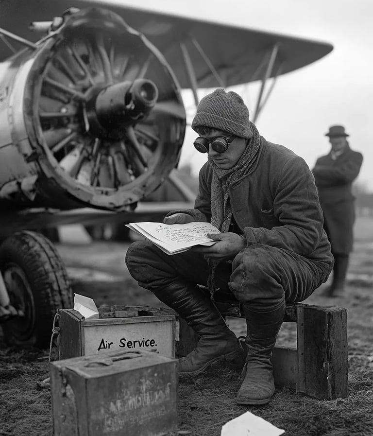Crisp winter morning at Curtiss Field, Long Island, 1922: a biplane with rotary engine idles