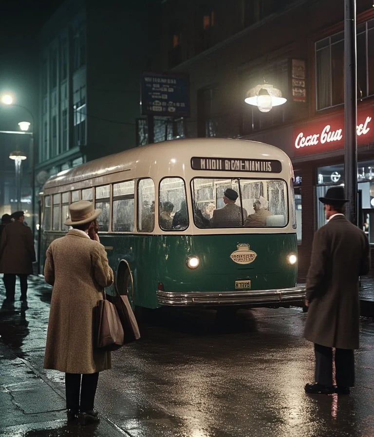Early December dusk, Montgomery, 1955: a city bus idles under a streetlamp