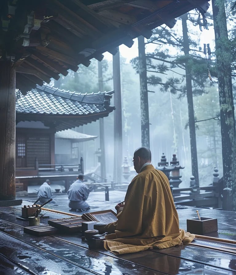 Mounit minobu secluded monastery, mist rolling over the towering cedar trees