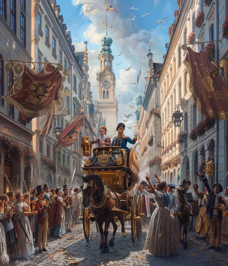 grand wedding procession moving through Munich’s cobblestone streets