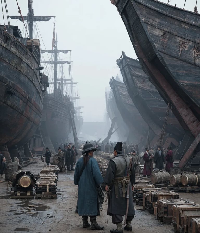 Nanjing Shipyard, China, July 11 1405: Armada Assembly at dawn.