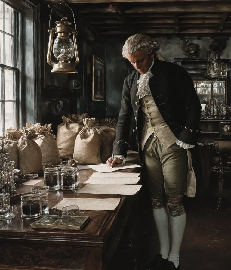 Financier in dark wool frock coat, white linen cravat, knee breeches consulting brass-bound ledger.