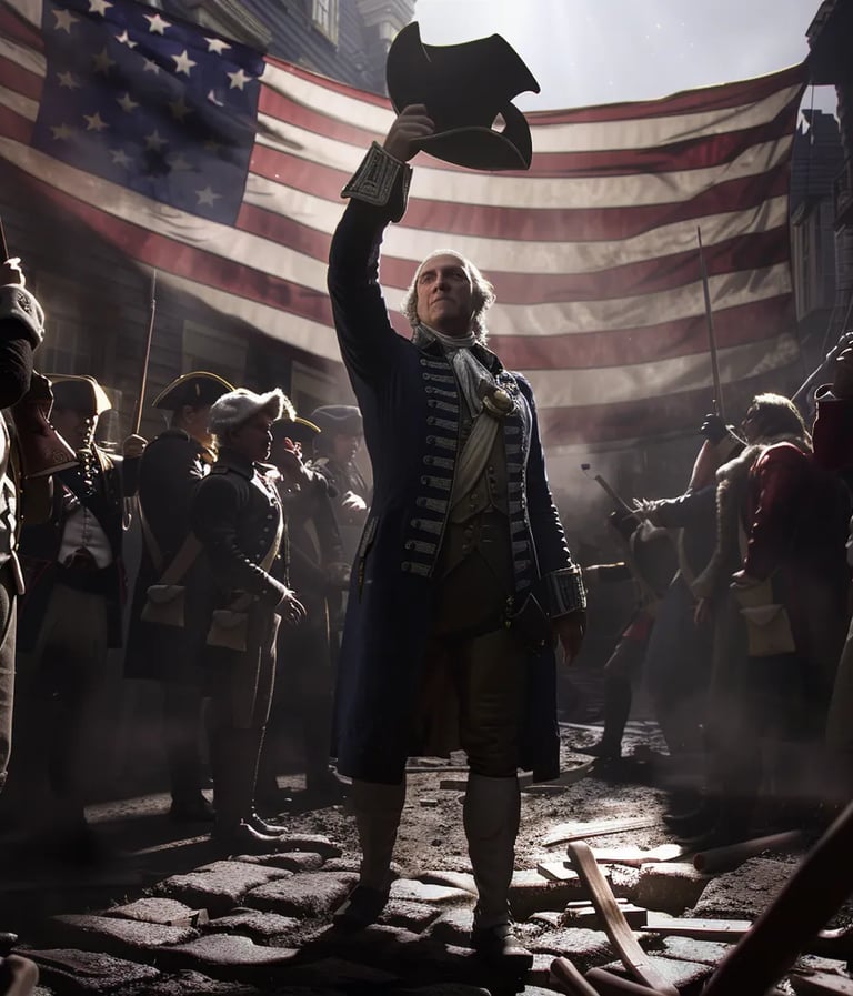General George Washington standing before his battle-hardened troops at Fraunces Tavern