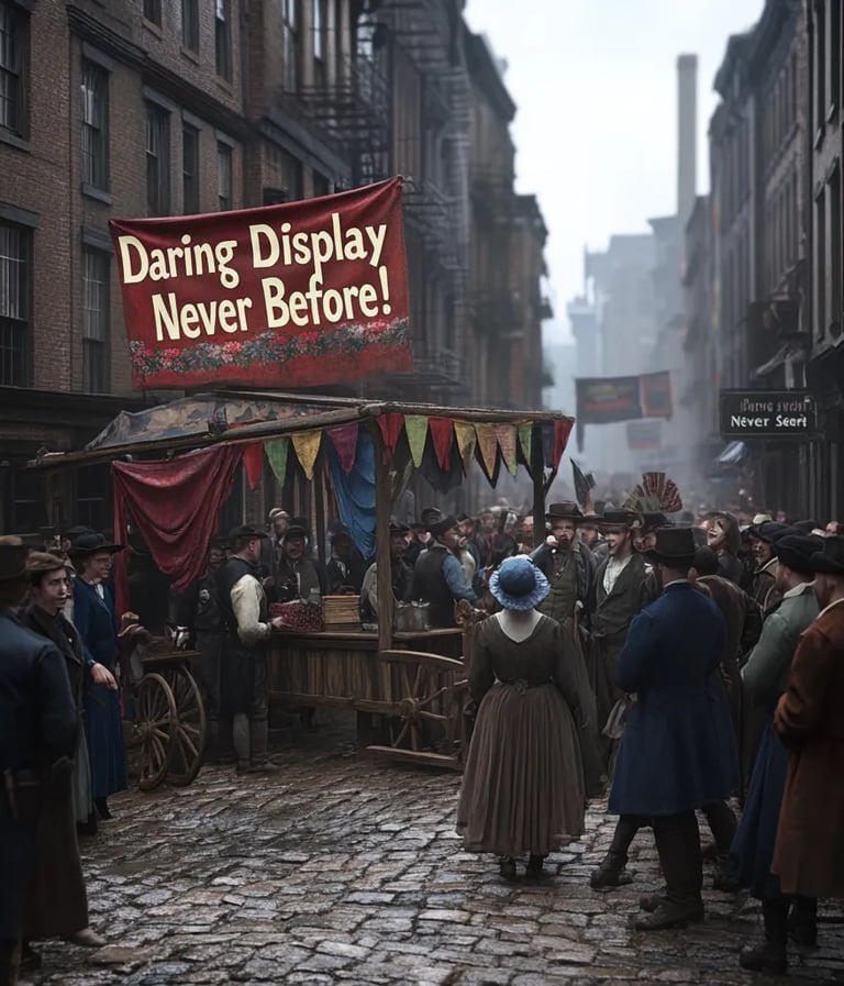 Crowd gathers in NYC 1817 for street carnival and stage show.
