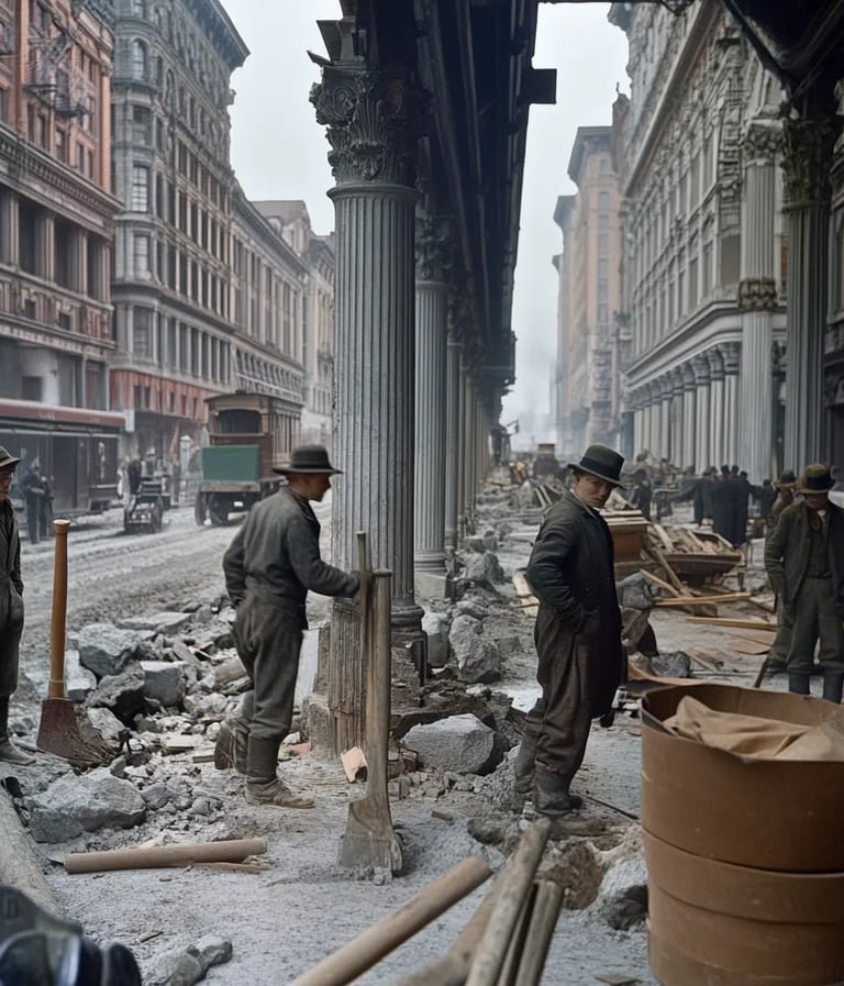 mid-November 1910 Manhattan, stonemasons polish marble-faced columns