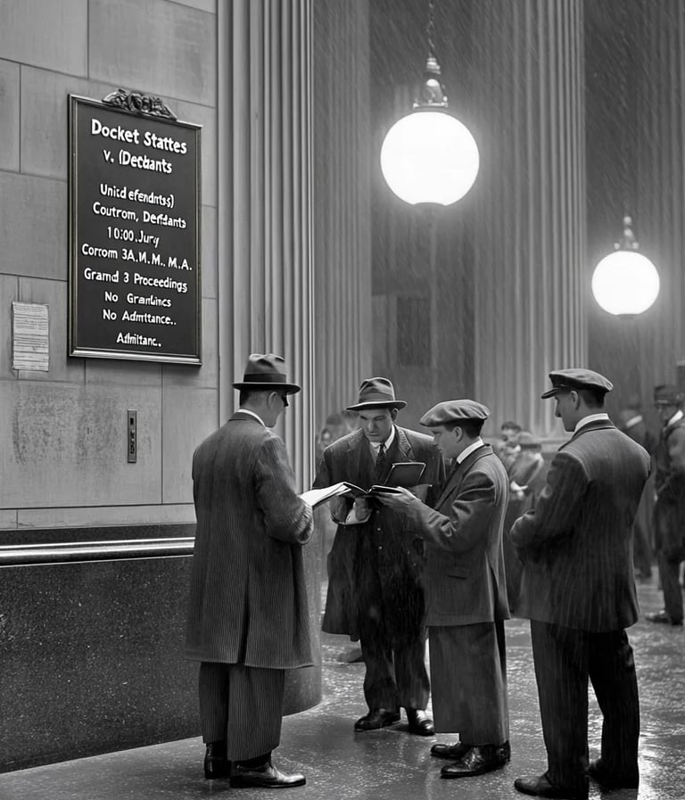 New York City, 1941 — grand civic courthouse lobby in marble and burnished brass